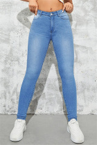 Medium Blue Casual Solid Patchwork Basic High Waist Skinny Denim Jeans