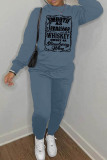 Brown Casual Letter Print Basic O Neck Long Sleeve Two Pieces