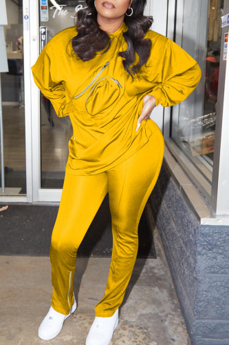 Yellow Casual Solid Patchwork O Neck Long Sleeve Two Pieces