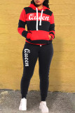 Black Casual Letter Striped Print Patchwork Contrast Hooded Collar Long Sleeve Two Pieces
