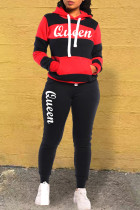 Red Casual Letter Striped Print Patchwork Contrast Hooded Collar Long Sleeve Two Pieces