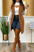 Earth Yellow Casual Solid Cardigan Turndown Collar Outerwear