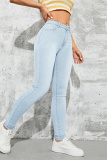 Medium Blue Casual Solid Patchwork Basic High Waist Skinny Denim Jeans