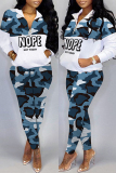 Blue Casual Letter Camouflage Print Patchwork Zipper Collar Long Sleeve Two Pieces