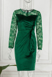 Green Casual Solid Patchwork See-through O Neck Long Sleeve Dresses