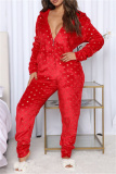 Red Casual Print Patchwork Hooded Collar Regular Jumpsuits