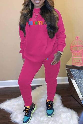 Rose Red Casual Print Letter O Neck Long Sleeve Two Pieces