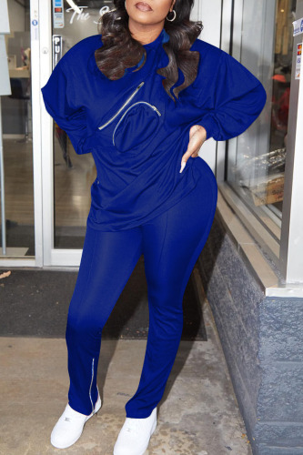 Blue Casual Solid Patchwork O Neck Long Sleeve Two Pieces
