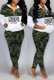 Green Casual Letter Camouflage Print Patchwork Zipper Collar Long Sleeve Two Pieces