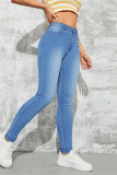 Light Blue Casual Solid Patchwork Basic High Waist Skinny Denim Jeans
