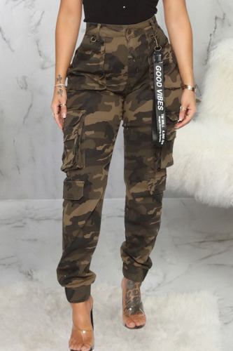 Camouflage Casual Street Print Patchwork Pocket High Waist Pencil Patchwork Bottoms
