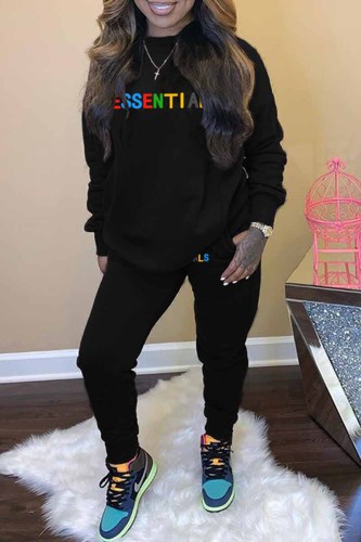 Black Casual Print Letter O Neck Long Sleeve Two Pieces