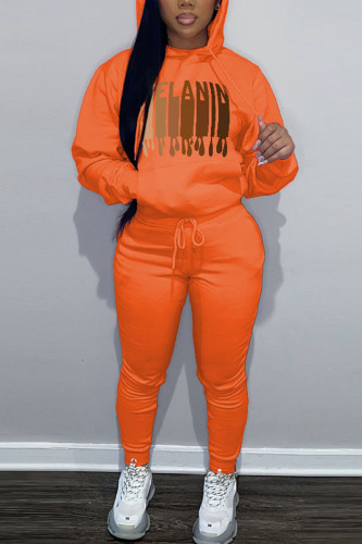 Orange Casual Print Patchwork Hooded Collar Long Sleeve Two Pieces