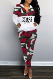 Red Casual Letter Camouflage Print Patchwork Zipper Collar Long Sleeve Two Pieces