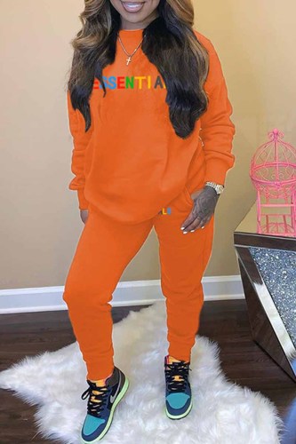 Orange Casual Print Letter O Neck Long Sleeve Two Pieces