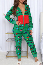 Red Green Casual Print Patchwork Hooded Collar Regular Jumpsuits