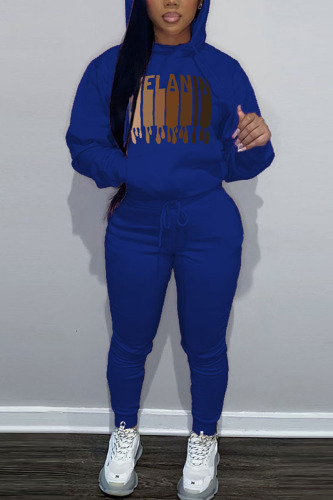Blue Casual Print Patchwork Hooded Collar Long Sleeve Two Pieces