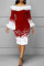 White Red Elegant Print Patchwork Feathers Off the Shoulder One Step Skirt Dresses