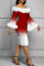 Red Elegant Print Patchwork Feathers Off the Shoulder One Step Skirt Dresses