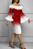 Christmas Tree Elegant Print Patchwork Feathers Off the Shoulder One Step Skirt Dresses
