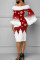 Red Elegant Print Patchwork Feathers Off the Shoulder One Step Skirt Dresses