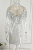 Silver Sexy Patchwork Tassel Sequins See-through O Neck Evening Dress Dresses