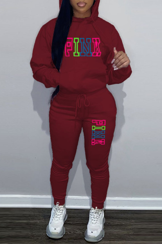 Burgundy Street Print Patchwork Hooded Collar Long Sleeve Two Pieces