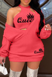 Brick Red Casual Letter Print Basic O Neck Long Sleeve Two Pieces