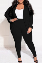 Black Casual Solid Cardigan Pants Cardigan Collar Plus Size Two Pieces