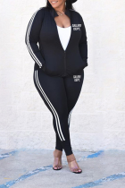 Black Street Print Patchwork Zipper Collar Plus Size Two Pieces