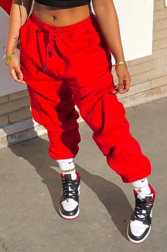Red Street Solid Draw String Harlan High Waist Harlan Solid Color Bottoms