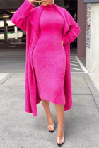 Rose Red Casual Solid Patchwork Half A Turtleneck Long Sleeve Two Pieces