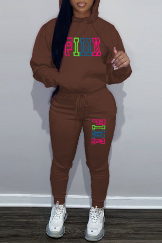 Brown Street Print Patchwork Hooded Collar Long Sleeve Two Pieces