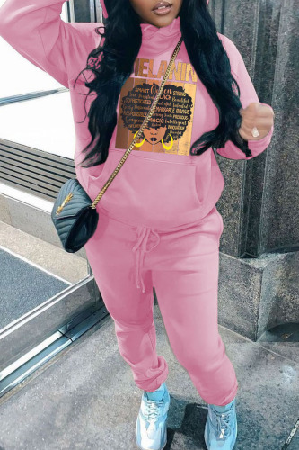 Pink Casual Print Patchwork Hooded Collar Long Sleeve Two Pieces