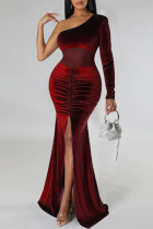 Red Elegant Solid Patchwork Fold Oblique Collar Trumpet Mermaid Dresses