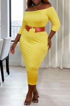 Yellow Casual Solid Patchwork Without Belt Off the Shoulder One Step Skirt Plus Size Dresses(Without Belt)