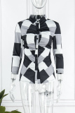 Black White Casual Print Patchwork Shirt Collar Tops