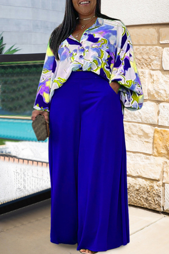 Blue Casual Print Patchwork Turndown Collar Plus Size Two Pieces