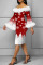 Red White Elegant Print Patchwork Feathers Off the Shoulder One Step Skirt Dresses