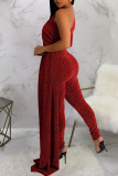 Red Casual Solid Patchwork Oblique Collar Skinny Jumpsuits