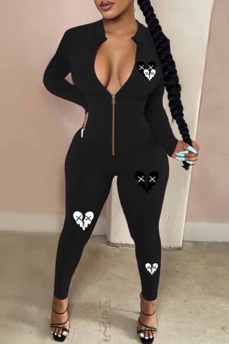 Black Street Print Patchwork Zipper Collar Jumpsuits
