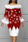 Red Elegant Print Patchwork Feathers Off the Shoulder One Step Skirt Dresses