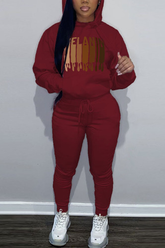 Burgundy Casual Print Patchwork Hooded Collar Long Sleeve Two Pieces