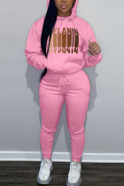 Pink Casual Print Patchwork Hooded Collar Long Sleeve Two Pieces