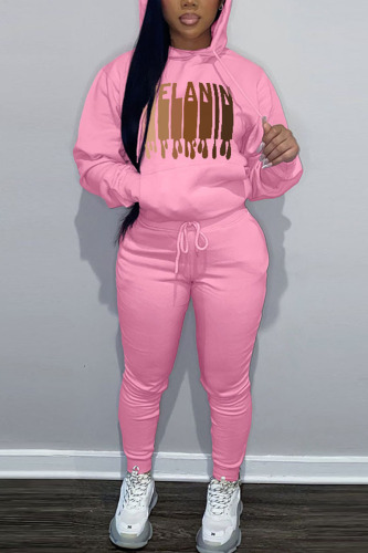 Pink Casual Print Patchwork Hooded Collar Long Sleeve Two Pieces