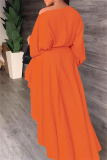 Orange Casual Solid Slit O Neck Long Sleeve Dresses