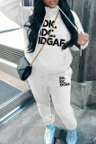 White Casual Letter Print Basic Hooded Collar Long Sleeve Two Pieces