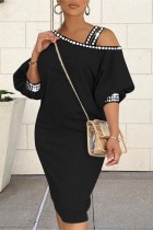 Black Casual Solid Patchwork Oblique Collar Long Sleeve Dresses