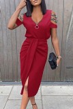 Red Casual Solid Hollowed Out Patchwork V Neck Short Sleeve Dress