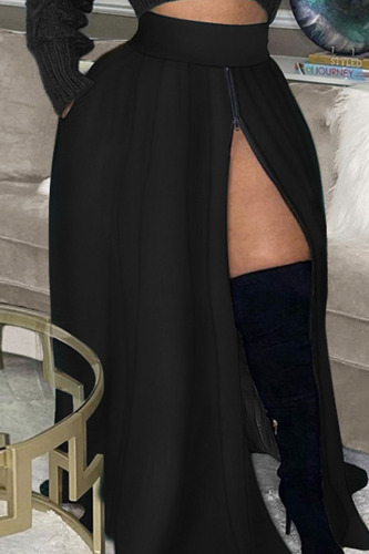 Black Casual Solid Patchwork Zipper High Waist Type A Solid Color Bottoms
